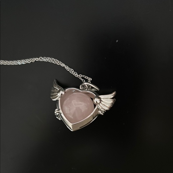 Silver Angel Heart Necklace with Rose Quartz Crystal Stone Pendant - Picture 2 of 3